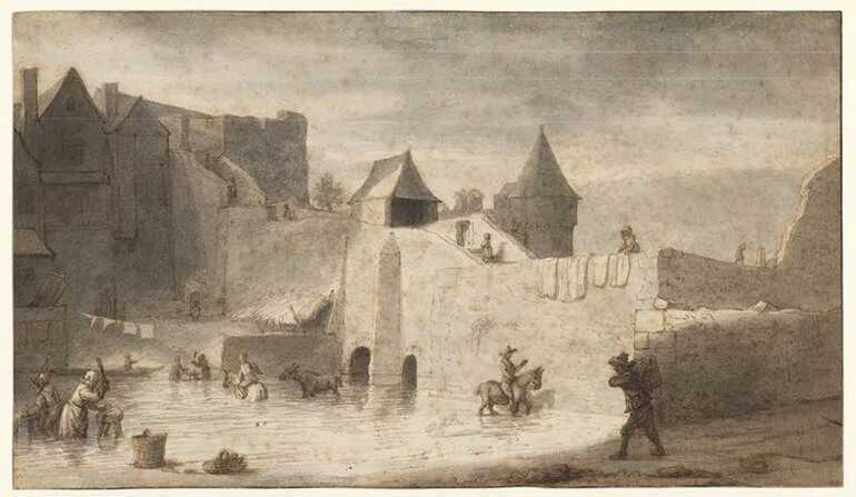 Lavis aquarellé, <i>L'Erdre au pied de la porte Sauvetout au 17e siècle</i>