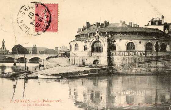 Marché de la Poissonnerie avec une publicité Amieux Frères