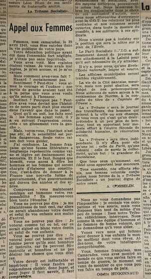 « Appel aux femmes », La Tribune socialiste, 2 juin 1945