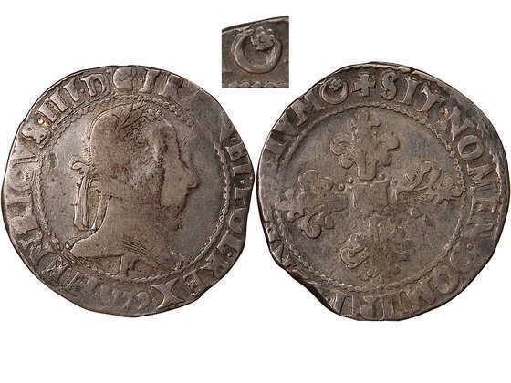 Franc d’argent frappé à Angers en 1579 portant le différent de Pierre Fleuriot, maître de la Monnaie