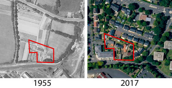Vue aérienne de la ferme de la Bertinerie en 1955 et en 2017