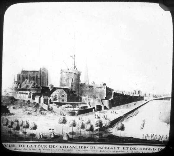 Gravure présentant la Tour du Papegault et la rivière de l’Erdre à ses pieds 