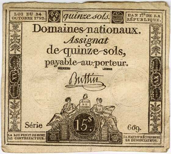 Assignat de quinze sols datant de 1792