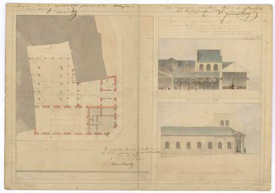Plan, façade et coupe du projet d'une salle d'asile, angle de la place Pirmil et du quai de la de la côte Saint Sébastien
