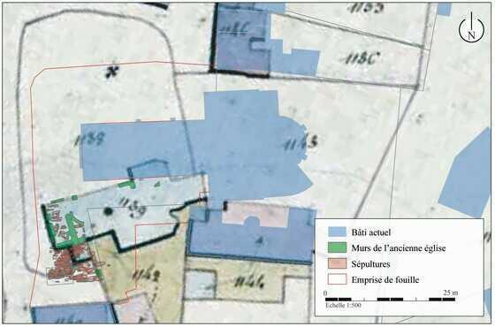 Plan des structures fouillées, sur fond du cadastre napoléonien de 1832 (SIG Dparc)