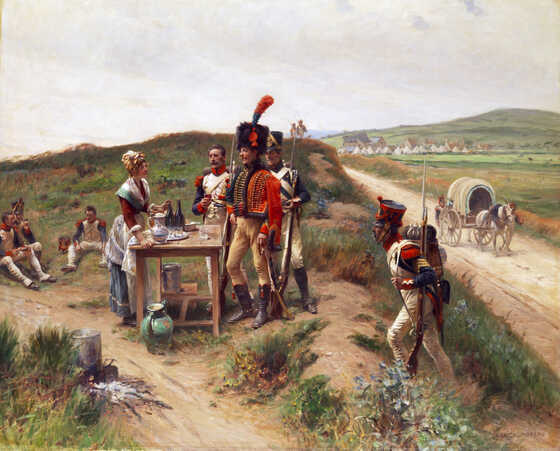 Soldats prenant une pause avec une cantinière par Adrien Moreau