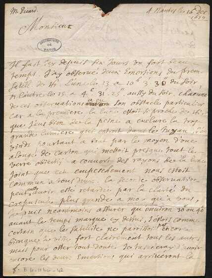 Lettre de l’abbé Picard écrite à Nantes le 16 décembre 1679
