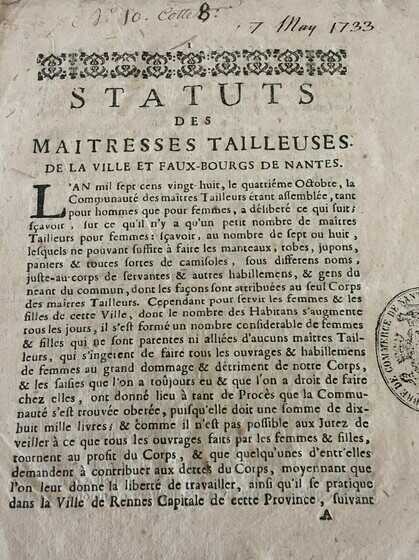 Statuts et règlements pour les maîtresses tailleuses