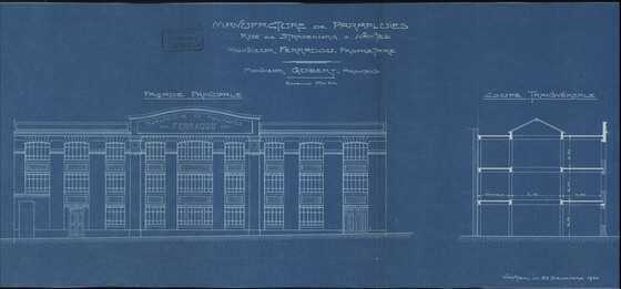 Plan de la façade principale et coupe transversale de la Manufacture de Parapluies