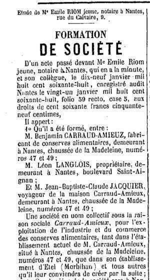 Annonce de la formation de la société Carraud-Amieux dans le Courrier de Bretagne du 1er février 1868