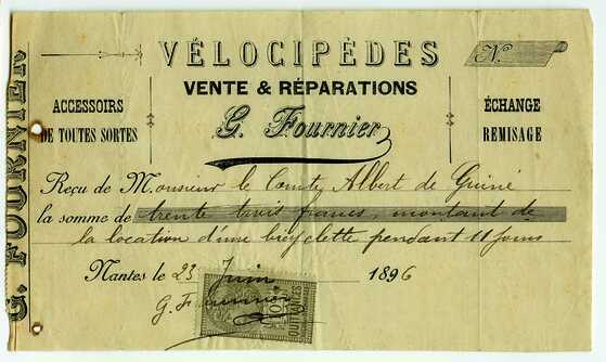 Facture adressée au comte Albert de Guiné pour la location d’une bicyclette