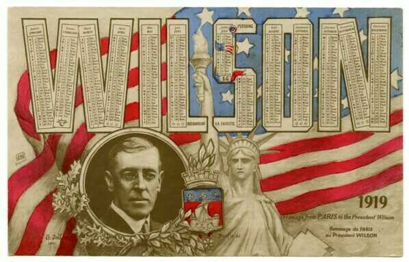 Carte postale illustrée en l’honneur du président Wilson