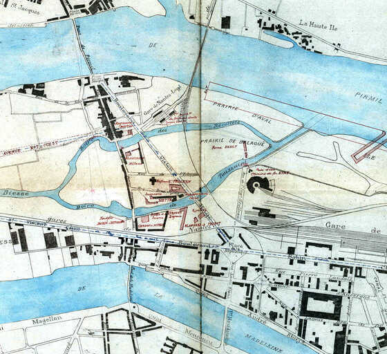 Plan du quartier des implantations industrielles aux abords des boires