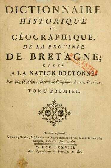 Première page du « Dictionnaire historique et géographique de la province de Bretagne »