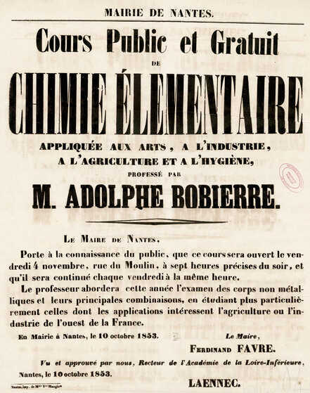 Affiche annonçant le cours public professé par Pierre-Adolphe Bobierre