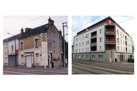 Immeuble du café de la Ville en paille, avant-après