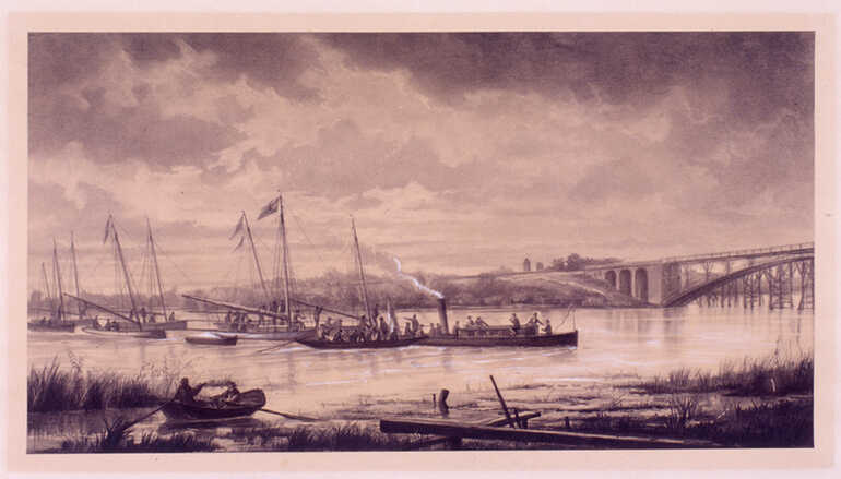 Fusain rehaussé de gouache, <i>Retour de régates sur l'Erdre</i>