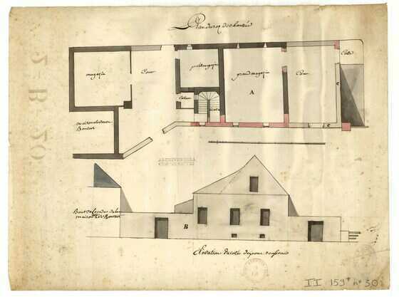 Plan du rez-de-chaussée des maison Poidras et Bontems, rue Dos-d'Ane et élévation coté Pont Rousseau