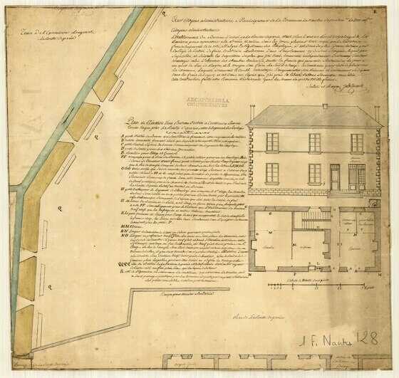 Plan et élévation d’un bureau d’octroi à construire sur un terrain vague près de la route de Paris