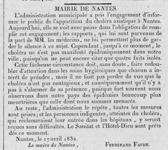 Article de « L’Ami de la Charte » annonçant l’apparition du choléra à Nantes