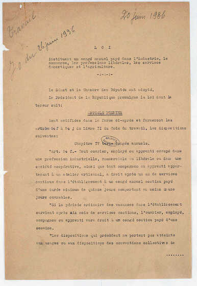 Première page de la loi du 20 juin 1936 instituant un congé annuel rémunéré