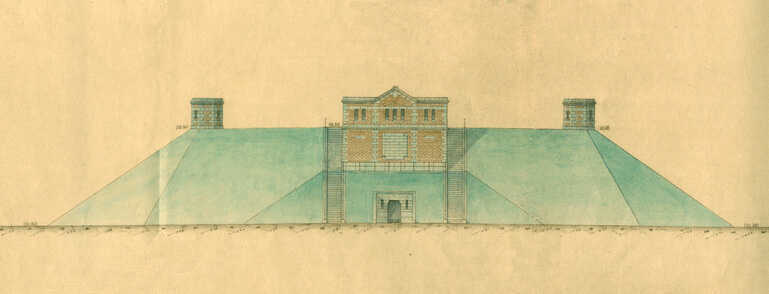 Construction d’un réservoir d’eau à la Contrie, élévation et coupe, façade principale