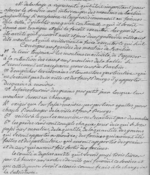 Délibération du comité d’administration de la ville à propos du service non-interrompu des moulins de Barbin (septembre 1789)