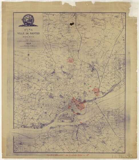 Plan de la ville de Nantes et de sa banlieue et des zones sinistrées par les bombardements du 15 juin 1944