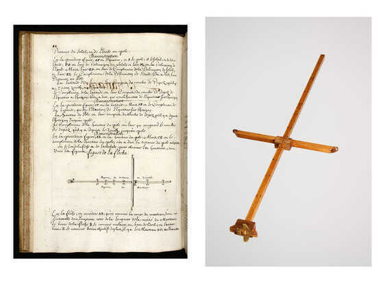 Page du Traité de la navigation par le quartier de réduction présentant un bâton de Jacob et reconstitution de l'outil par l’association Méridienne