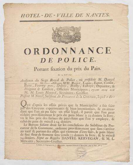 Ordonnance de police du 14 avril 1791 portant sur la fixation du prix du pain