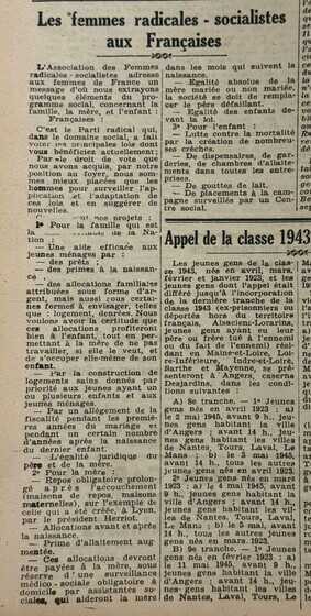 « Les femmes radicales -socialistes aux Françaises », Le populaire de l’ouest, 28-29 avril 1945