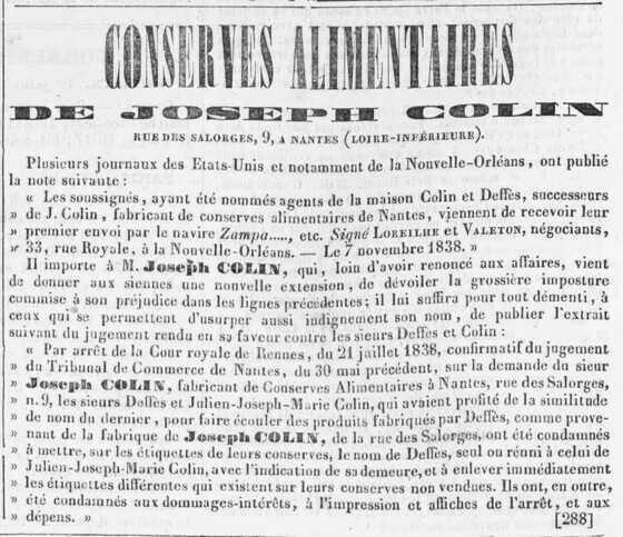 Avis de Joseph Colin paru dans le Lloyd nantais en juin 1839