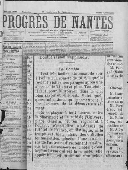 Article du « Progrès de Nantes » sur la comète de 1884