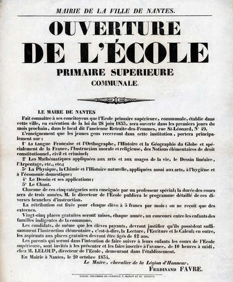 Affiche annonçant l’ouverture de l’École primaire supérieure dont Arsène Leloup est le premier directeur
