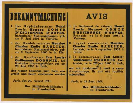 Affiche annonçant l'exécution d'Henri d'Estiennes d'Orves, Maurice Barlier et Jan Doornik, fusillés à Paris le 29 août 1941