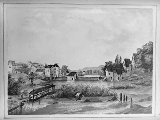 Aquarelle représentant le moulin et la chaussée de Barbin