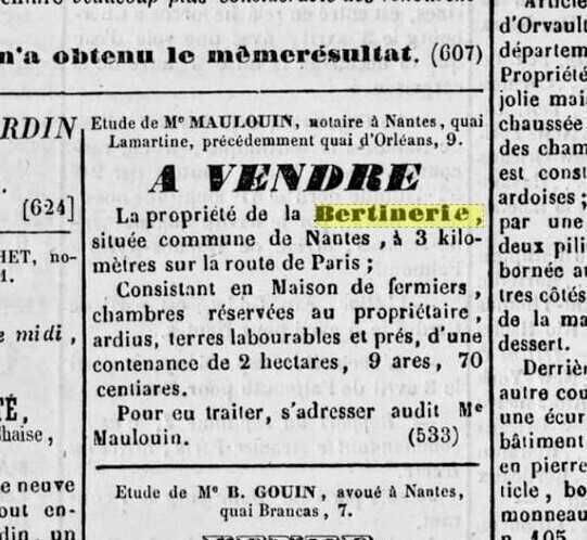 Annonce de la mise en vente de la propriété de la Bertinerie en 1849 dans le « Courrier de Nantes politique, commercial et littéraire »