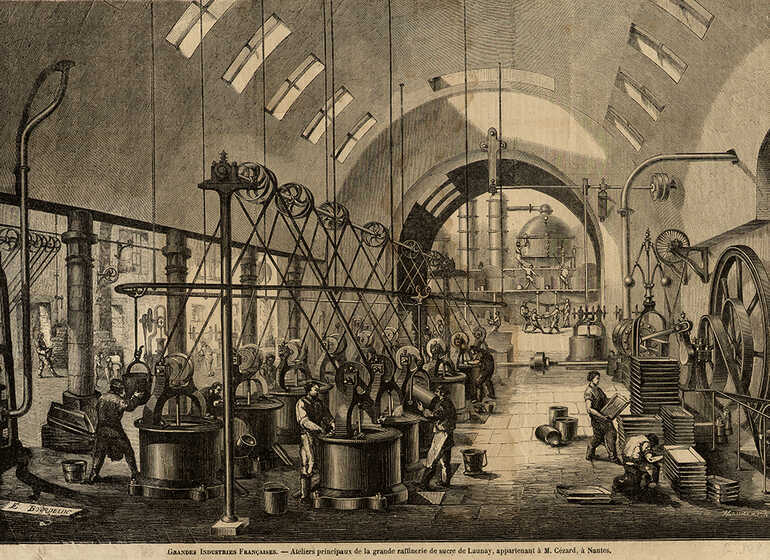 Ateliers principaux de la grande raffinerie de sucre de Launay, publié dans <i>Le Monde illustré</i>
